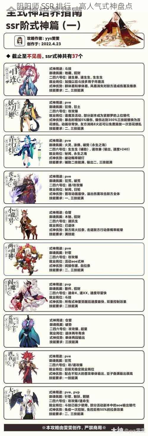 阴阳师 SSR 排行，高人气式神盘点