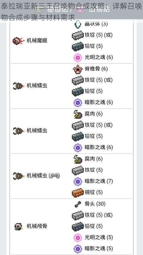 泰拉瑞亚新三王召唤物合成攻略：详解召唤物合成步骤与材料需求
