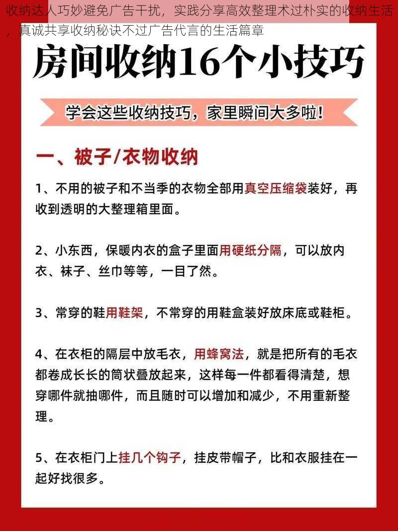 收纳达人巧妙避免广告干扰，实践分享高效整理术过朴实的收纳生活，真诚共享收纳秘诀不过广告代言的生活篇章